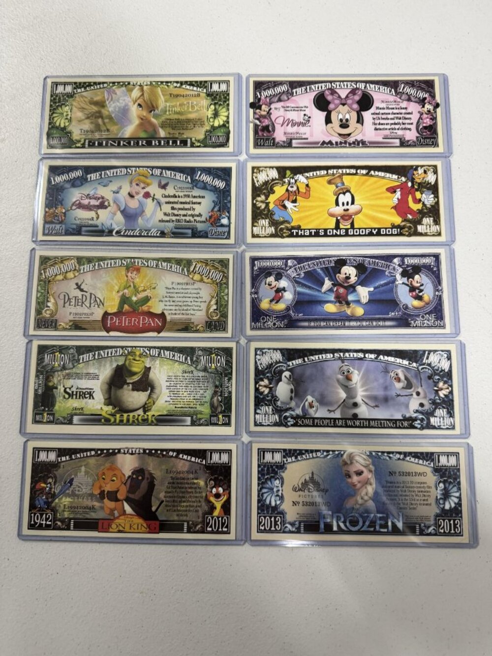 Rare Set Of 10 Disney Dollars - Million Dollar Bills In Protective Holder - Mint